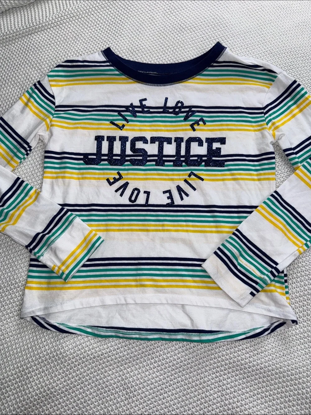 Justice White Striped Long Sleeve Tee with Navy, Yellow & Green